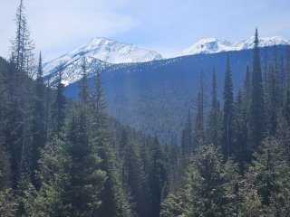 A mountain range with trees and snow capped mountains

Description automatically generated